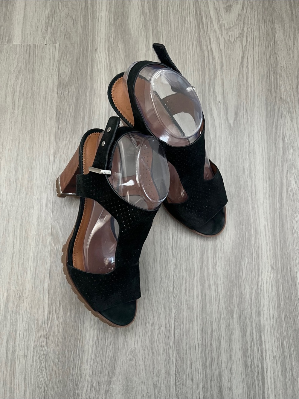 Franco Sarto SARTO Black Suede Perforated Block Heel Sandals